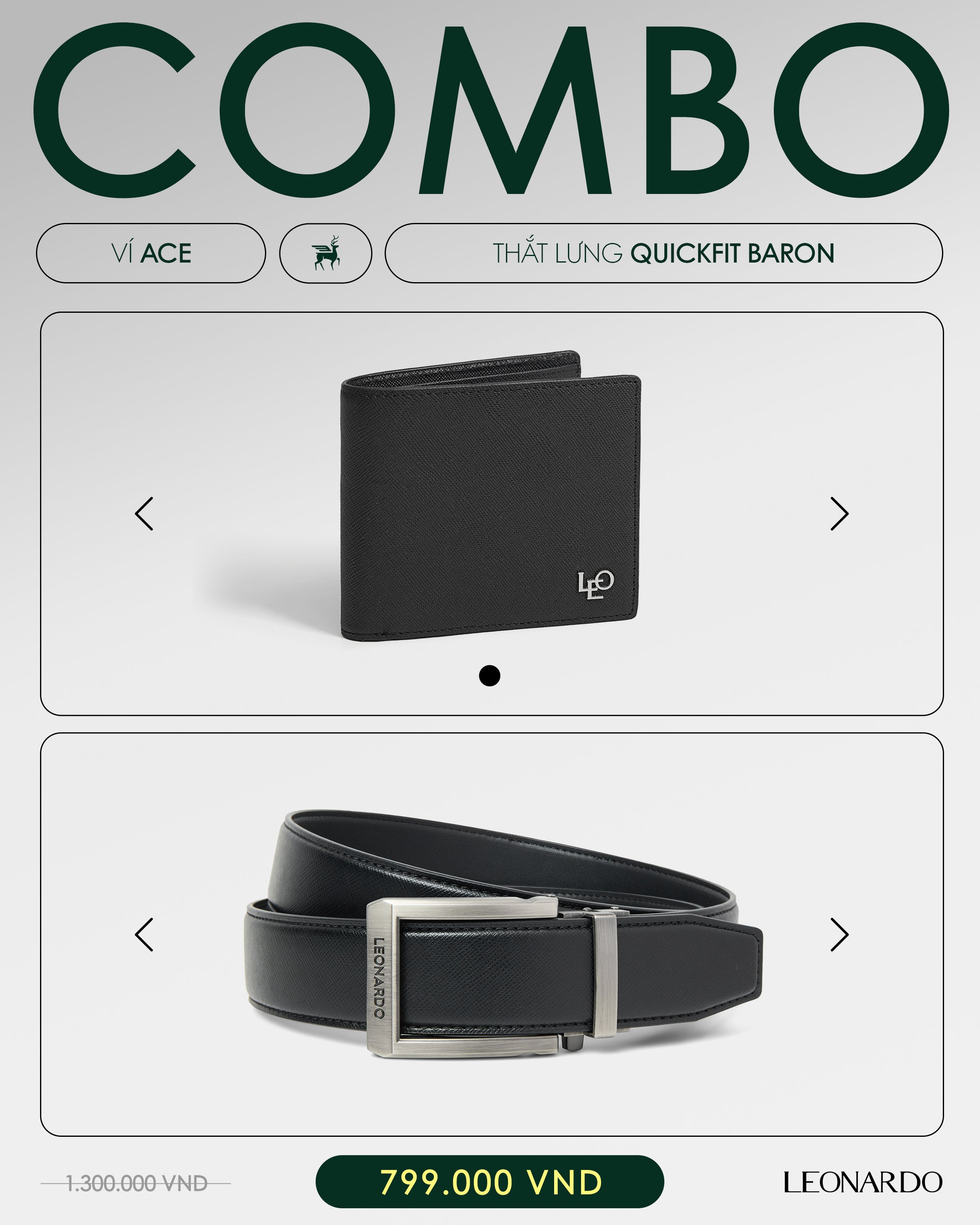 Combo ví ace ngang & thắt lưng quickfit khóa tự động