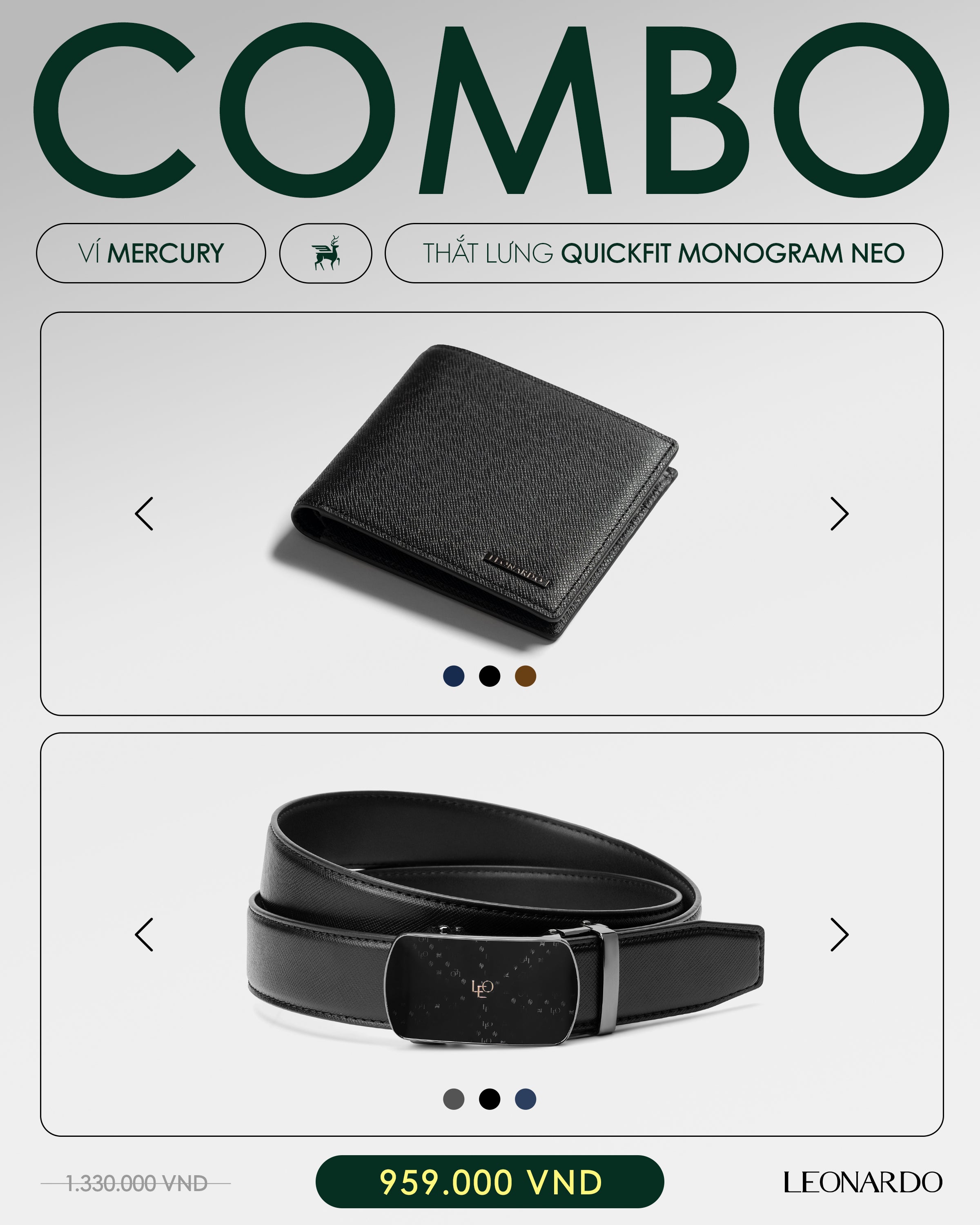 Combo ví mercury da bò & thắt lưng quickfit khóa tự động