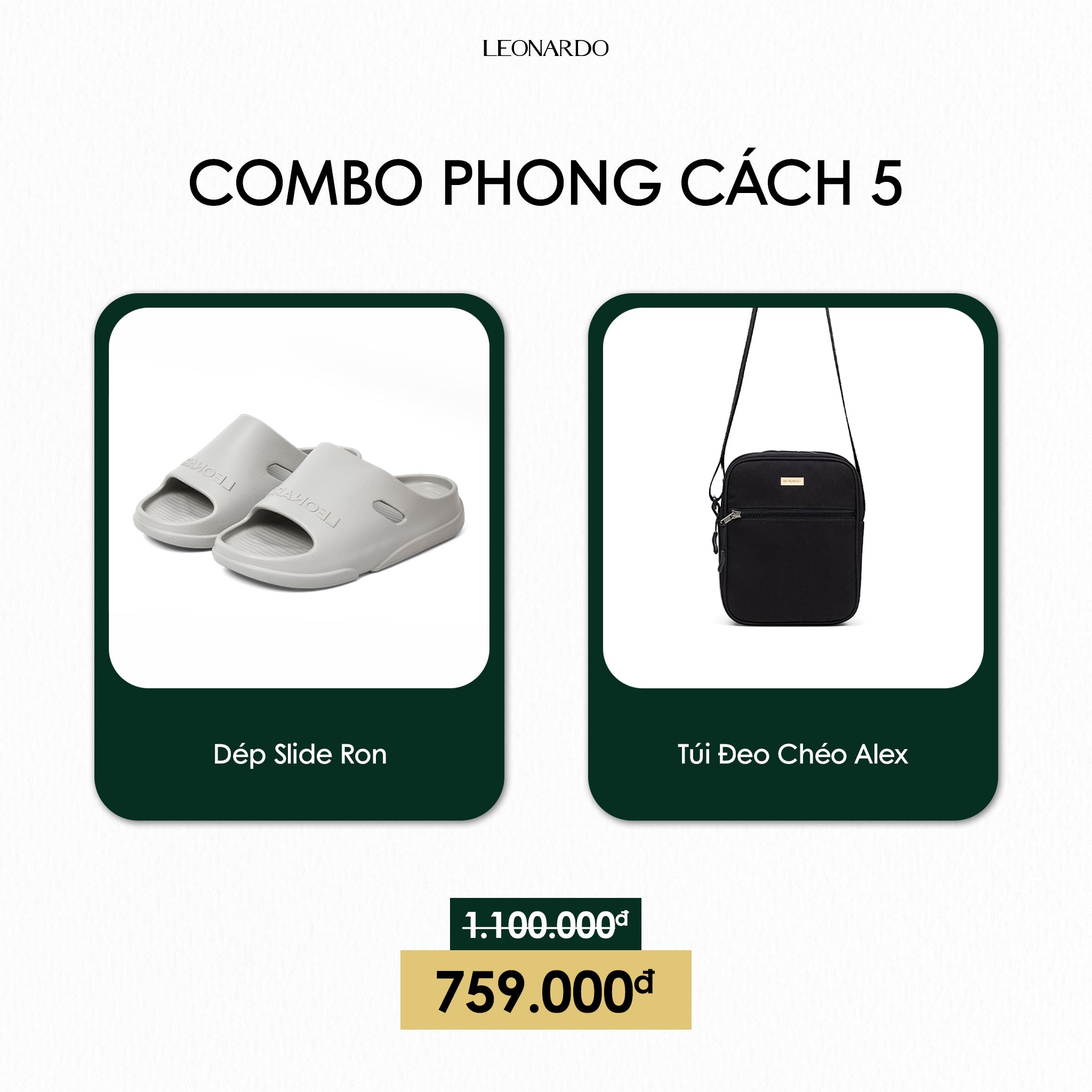 Combo Phong Cách 5: Dép Slide Ron Xám & Túi Đeo Chéo Thời Trang - Leonardo