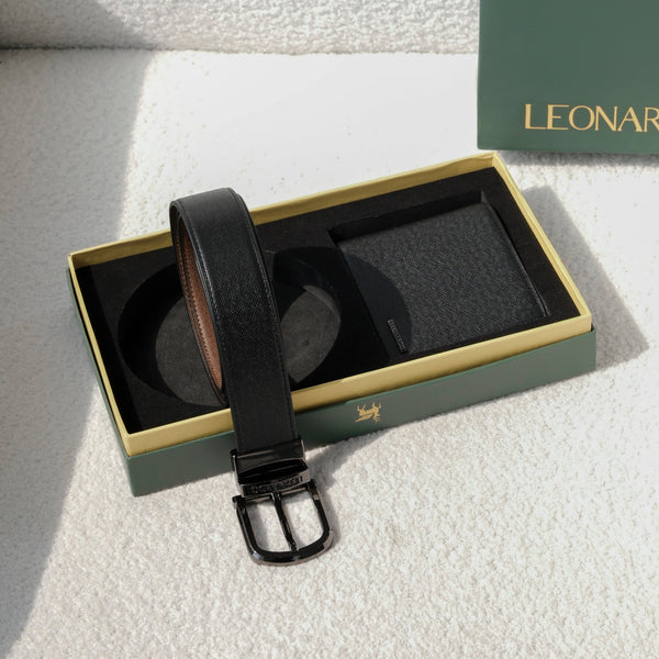Combo Ví Mercury Đen Đứng & Thắt Lưng Mercury Xanh - Đen - Leonardo