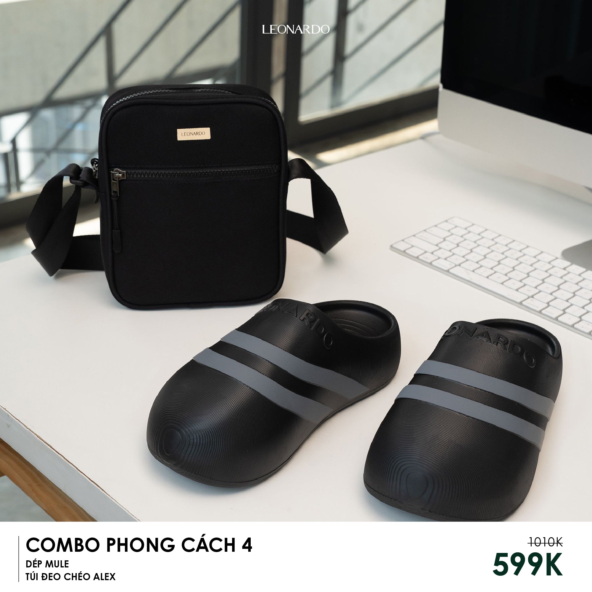 Combo Phong Cách 4: Dép Mule Đen Sọc Xám & Túi Đeo Chéo Thời Trang - Leonardo