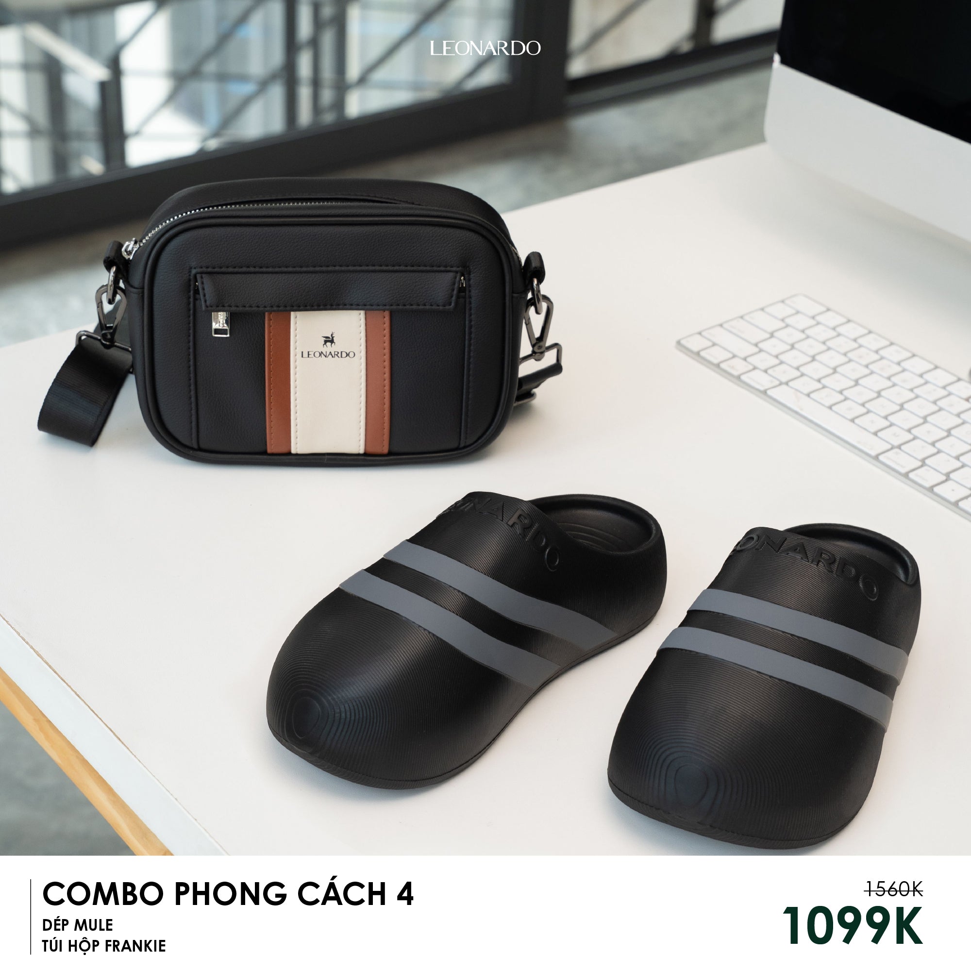 Combo Phong Cách 4: Dép Mule Đen Sọc Xám & Túi Đeo Chéo Thời Trang - Leonardo