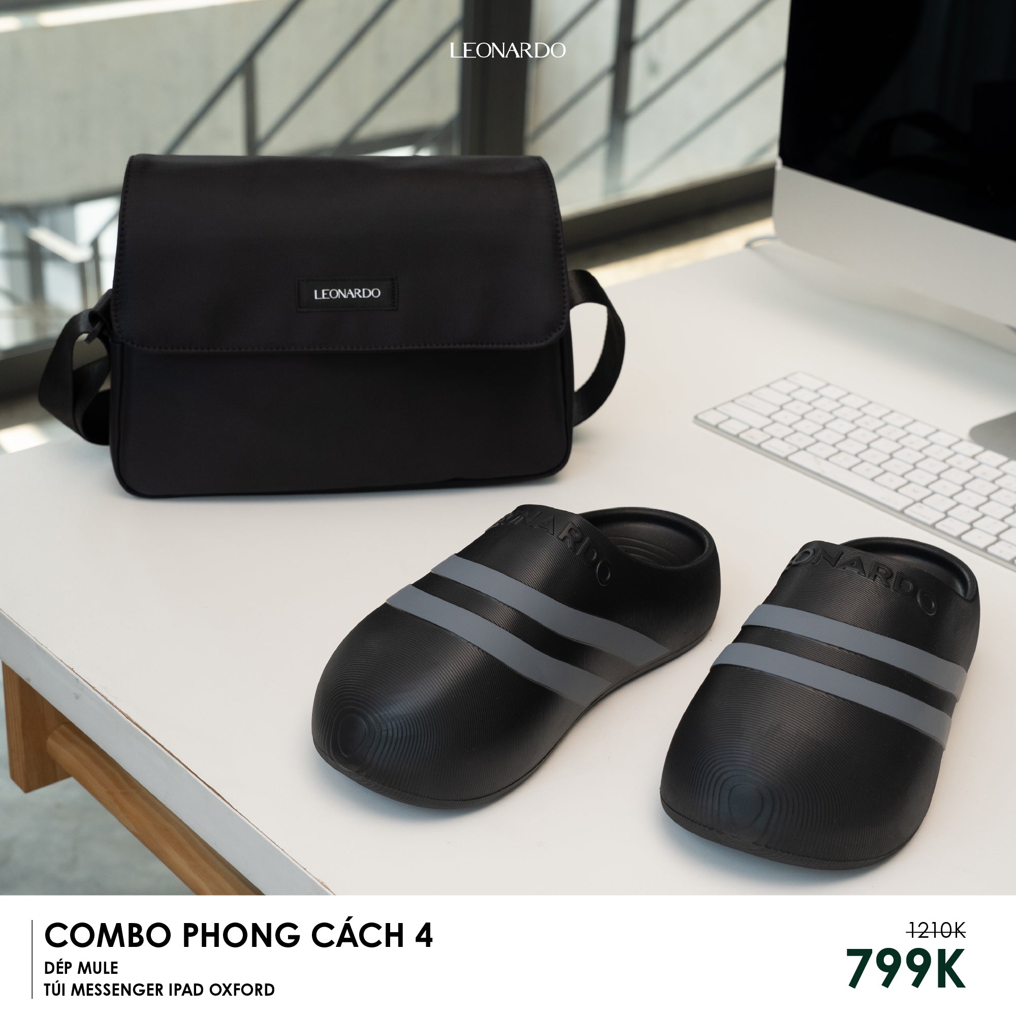 Combo Phong Cách 4: Dép Mule Đen Sọc Xám & Túi Đeo Chéo Thời Trang - Leonardo