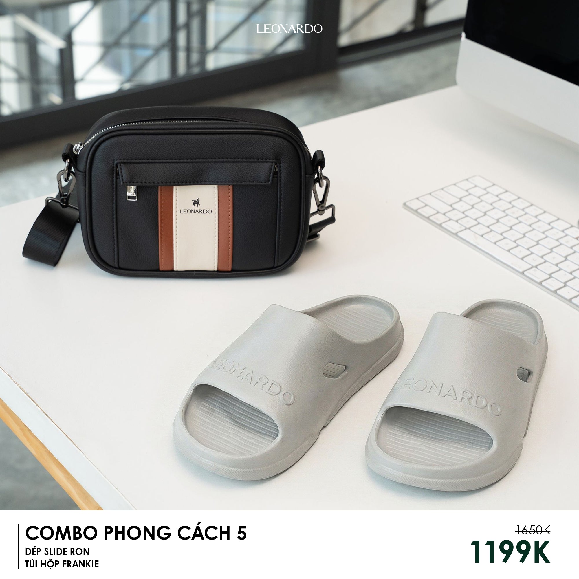 Combo Phong Cách 5: Dép Slide Ron Xám & Túi Đeo Chéo Thời Trang - Leonardo