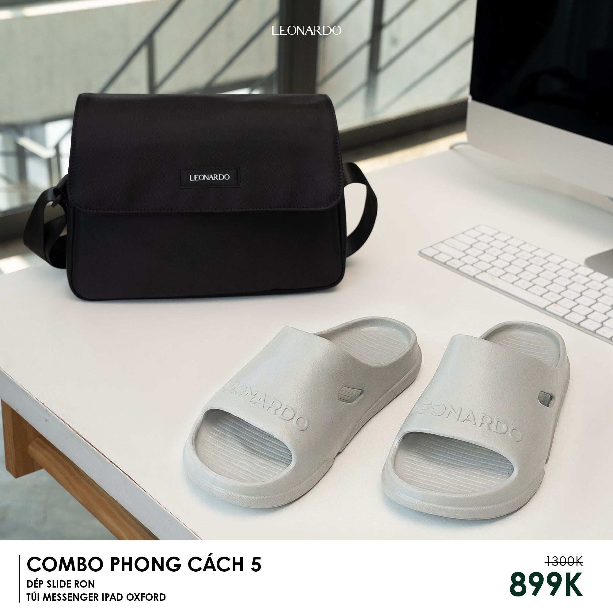 Combo Phong Cách 5: Dép Slide Ron Xám & Túi Đeo Chéo Thời Trang - Leonardo