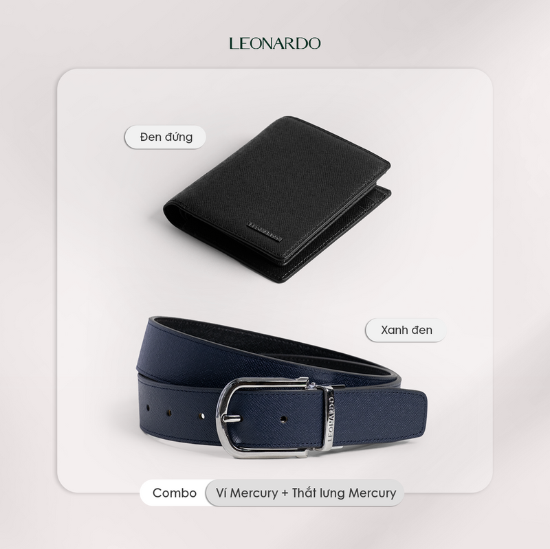 Combo Ví Mercury Đen Đứng & Thắt Lưng Mercury Xanh - Đen - Leonardo