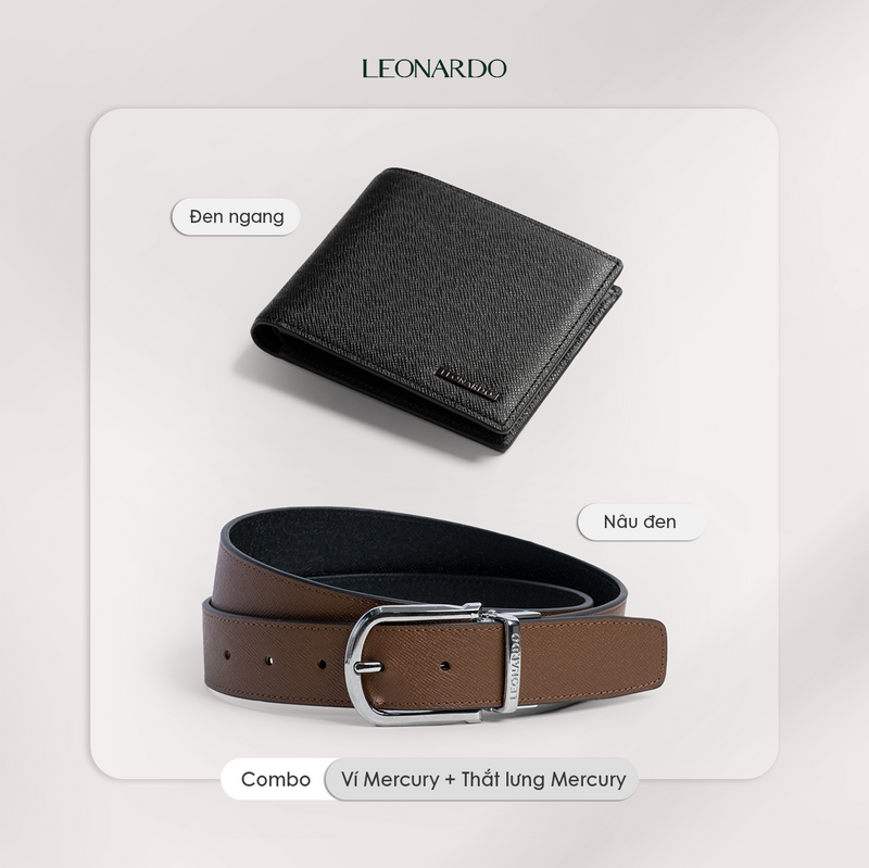 Combo Ví Mercury Đen Ngang & Thắt Lưng Mercury Nâu - Đen - Leonardo